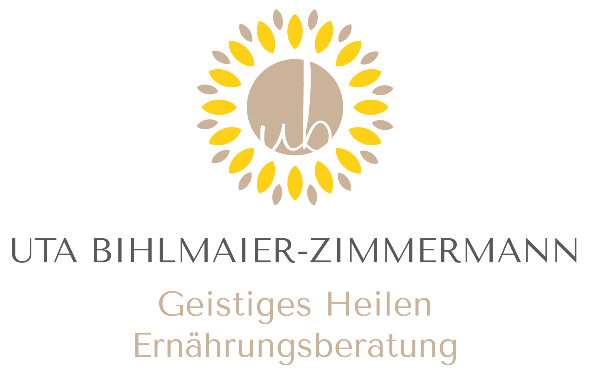 Eine Sonnenblume mit den Initialen UB darin, darunter steht "Uta Bihlamier - Geistiges Heilen und Ernährungsberatung"