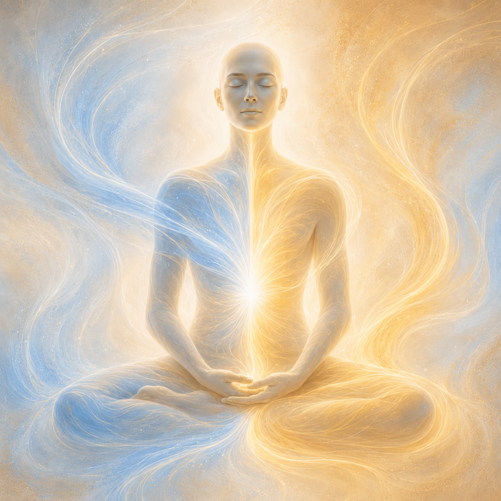 Illustration für innere Balance mit ruhigen blauen und goldenen Lichtströmen - KI generiert