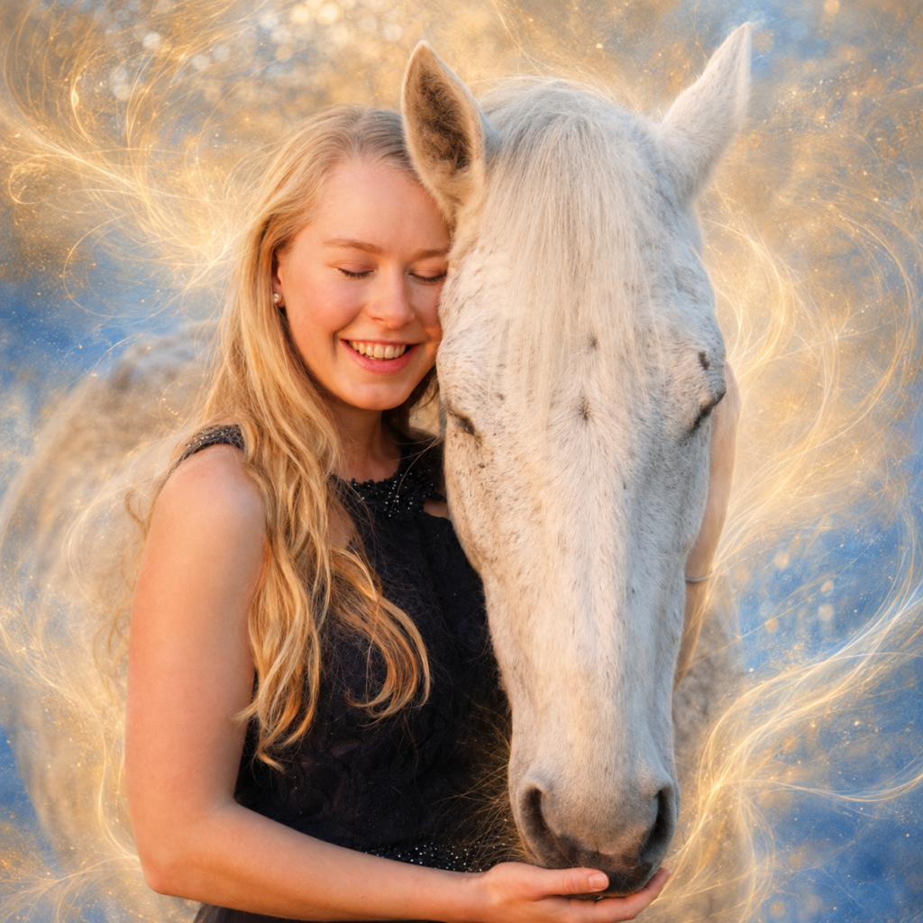 Frau lehnt lächelnd ihren Kopf an ein weißes Pferd, umgeben von sanften goldenen und blauen Lichtströmen.