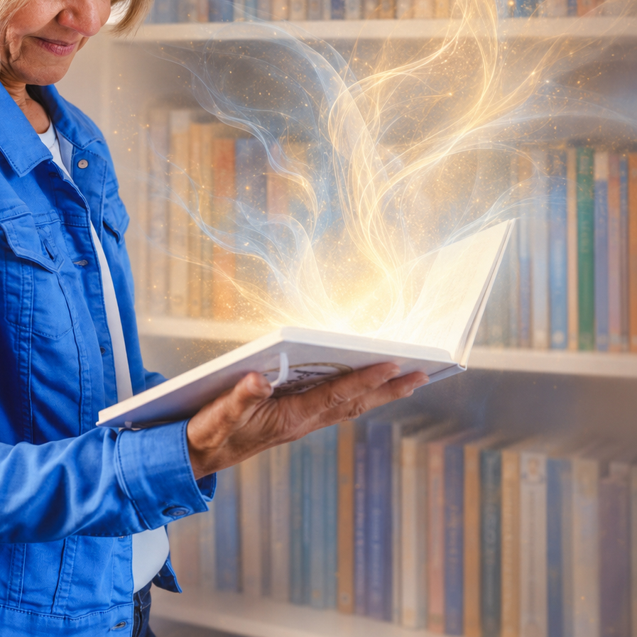 Uta Bihlmaier hält ein geöffnetes Buch vor einem Bücherregal, aus dessen Seiten goldene und blaue Energie strömt.